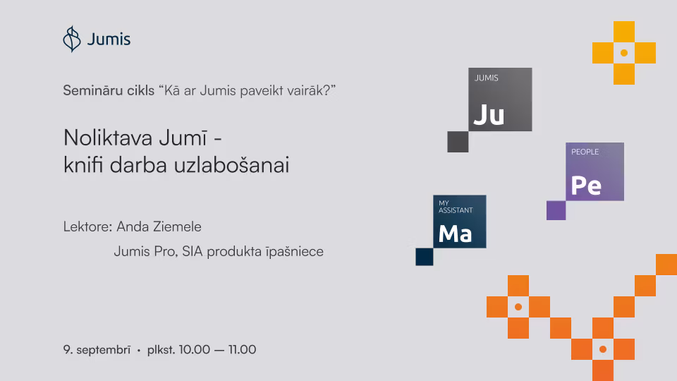 Semināra “Noliktava Jumī – knifi darba uzlabošanai” baneris ar lektori Andu Ziemeli. Seminārs notiek 9. septembrī plkst. 10.00–11.00.