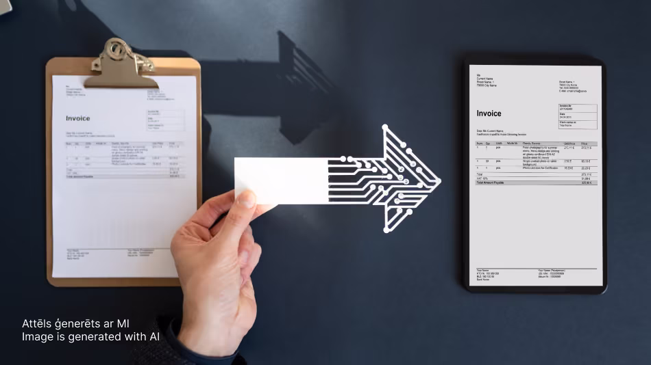 Roka savieno papīra rēķinu uz koka paliktņa ar digitālo rēķinu planšetdatorā, izmantojot bultiņu ar shēmas plati, simbolizējot pāreju uz e-rēķiniem.