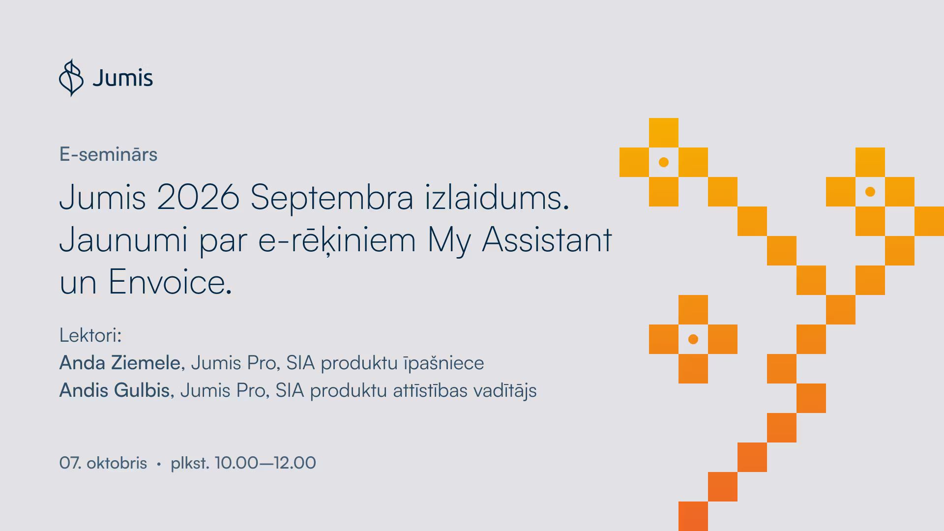 E-semināra vizuālis par Jumis 2026. gada septembra izlaiduma jaunumiem e-rēķinu, My Assistant un Envoice risinājumos.