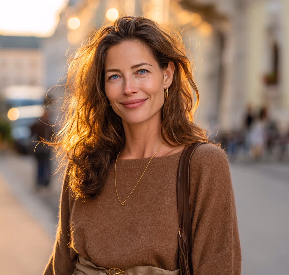 Woman smiling outdoors in warm sunlight on a city street