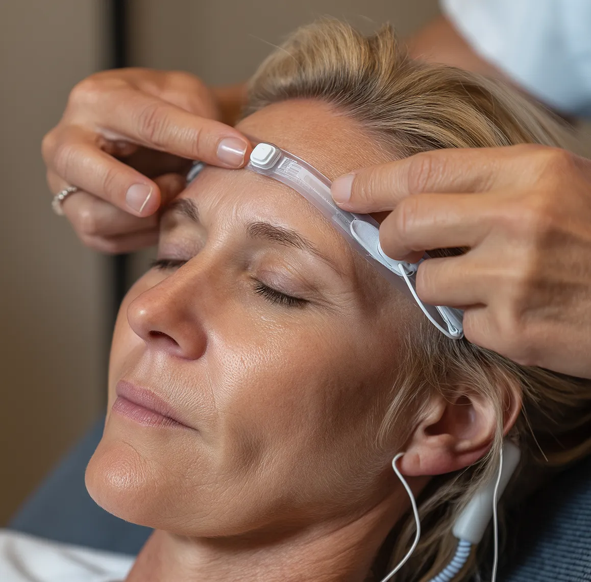 Practitioner placing neurofeedback EEG sensors on a woman's head