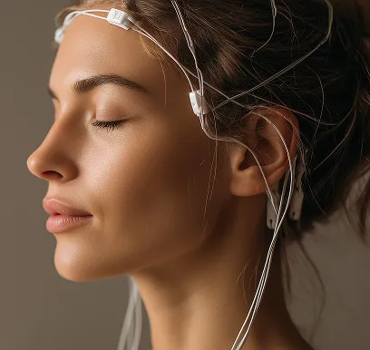 Woman with neurofeedback headset during advanced brain training session