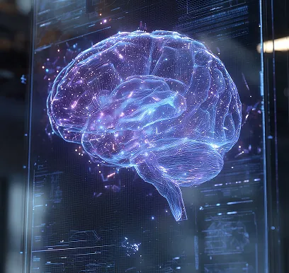 3D illustration of a human head with neural brain activity visualization