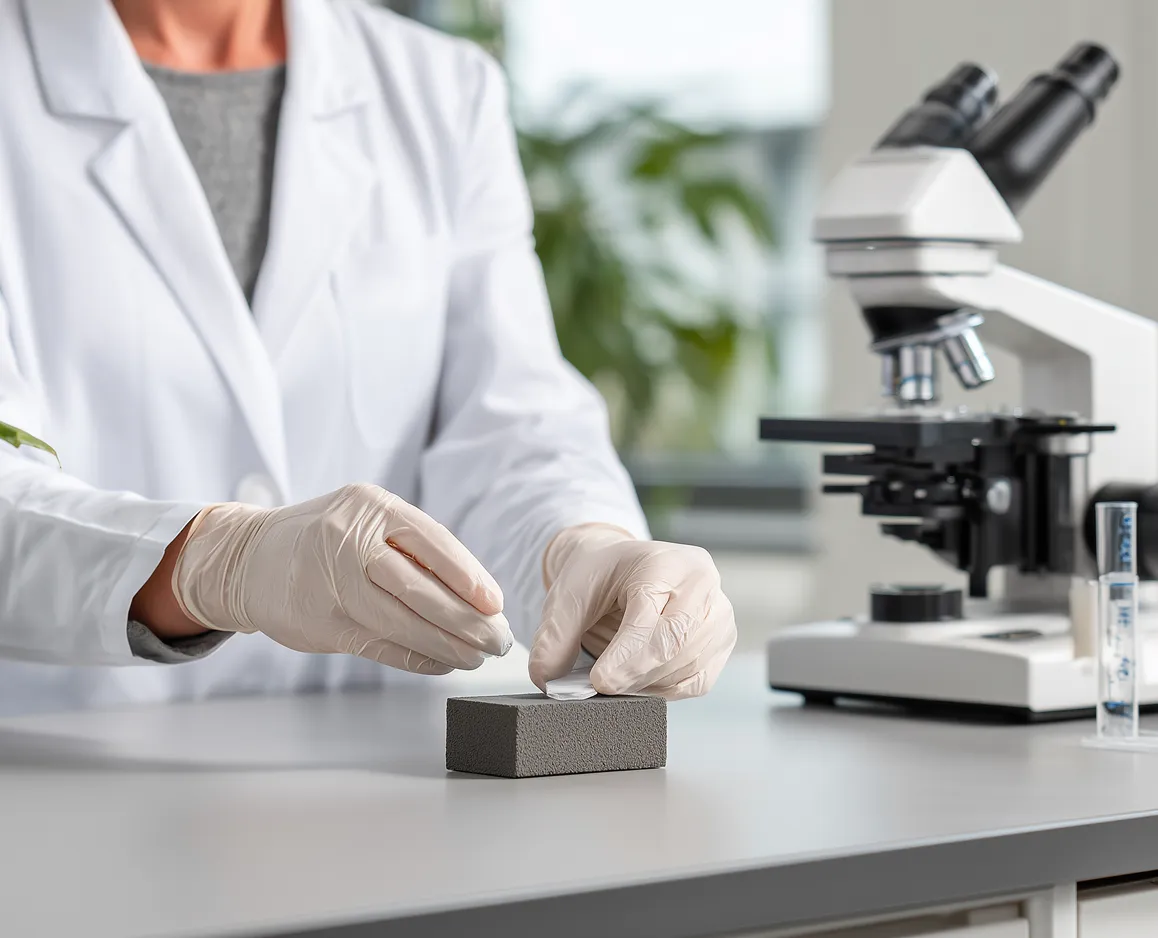 Lab technician in gloves preparing a sample next to a microscope