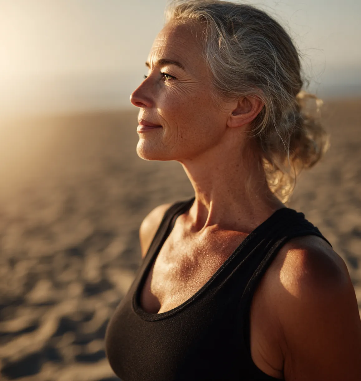 Woman with silver hair looking upward at golden sunset light