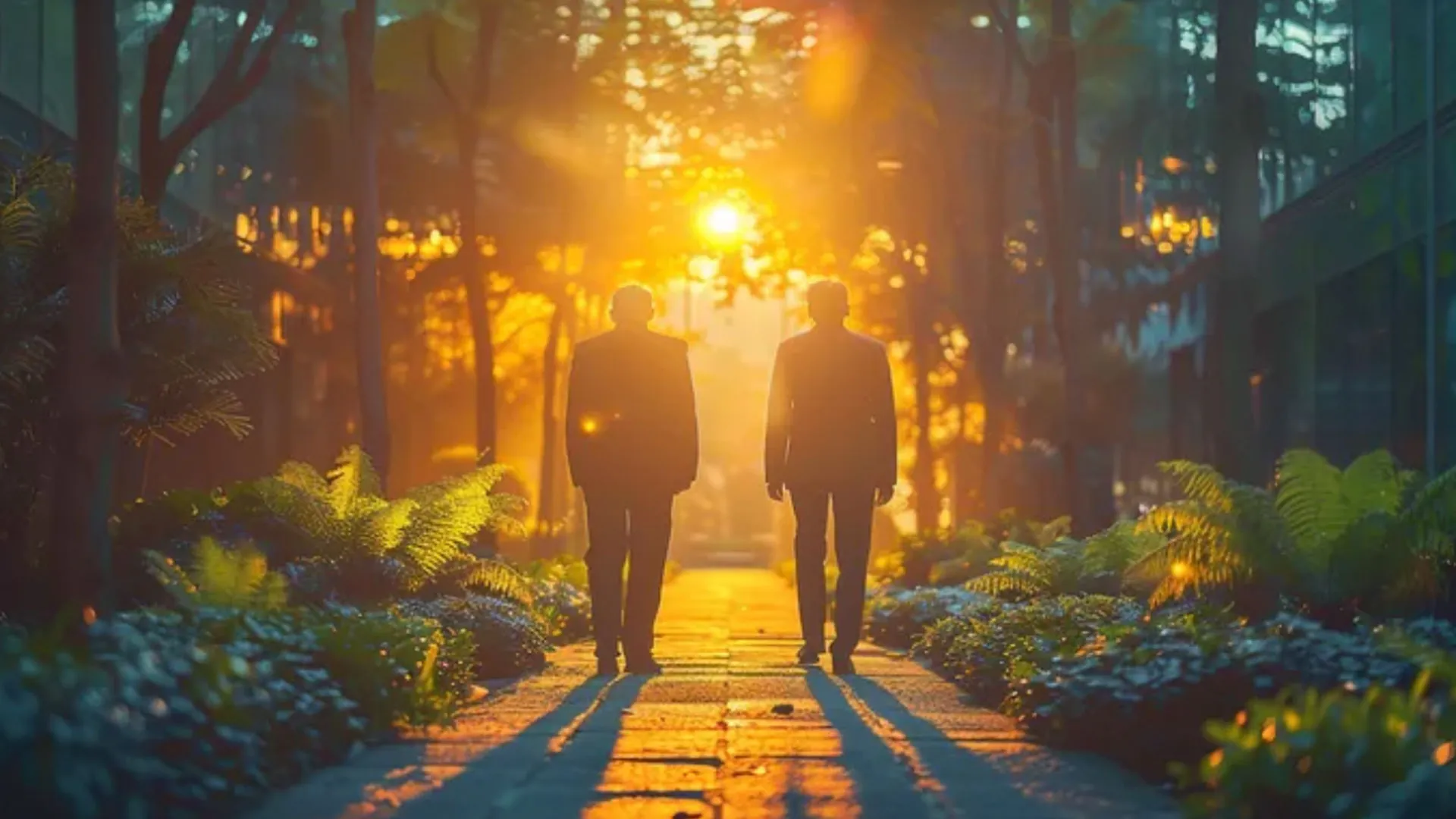 Two people walking through a sunlit forest path