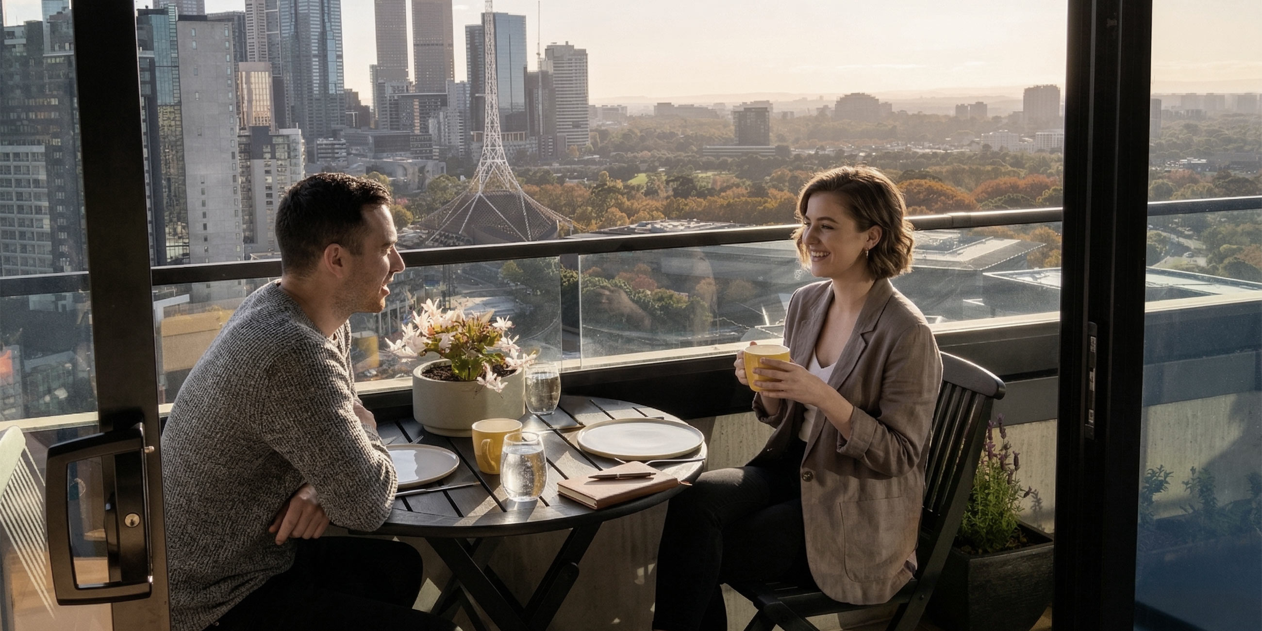 Man and woman sitting at a balcony table with coffee cups, a notebook, and glasses of water, overlooking a Melbourne city skyline.