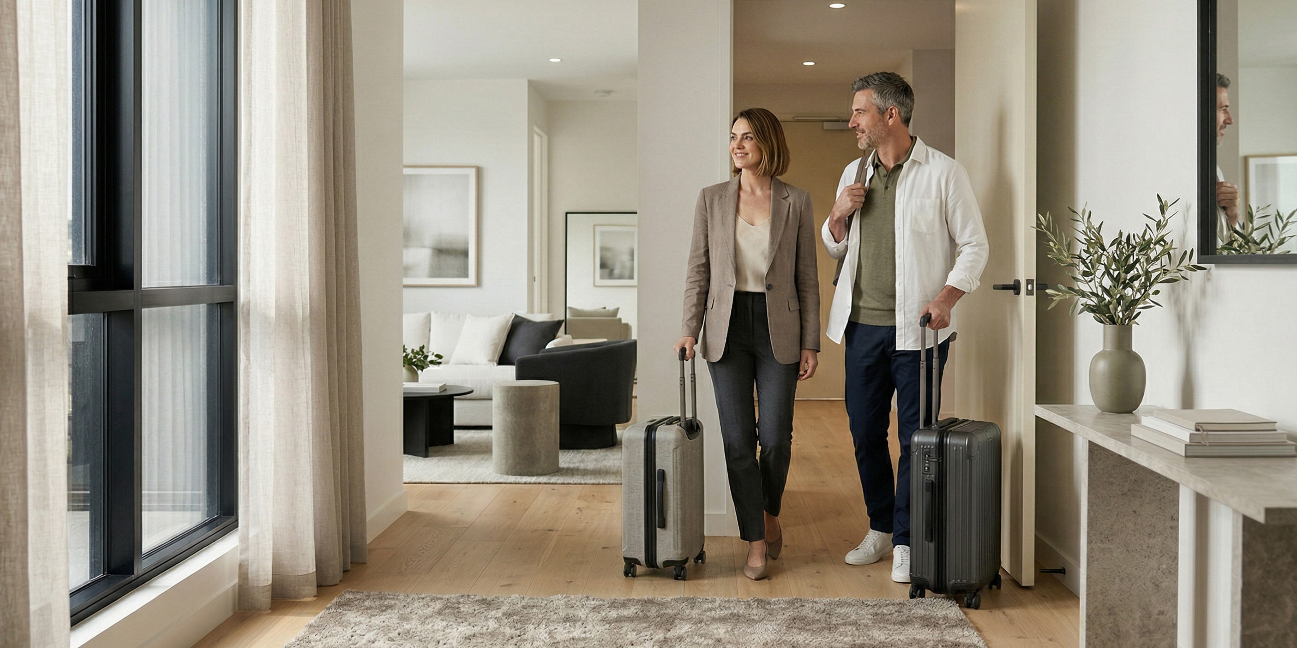 Smiling man and woman walking with suitcases into a modern, bright apartment.