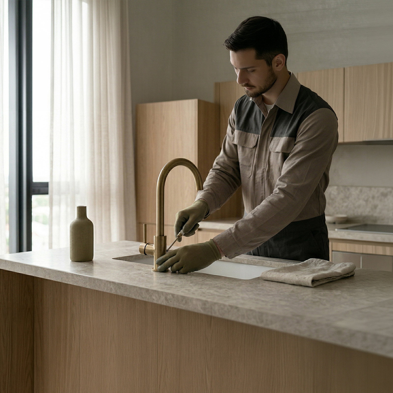 Man fixing a brass-colored kitchen tap with a screwdriver in a modern kitchen.