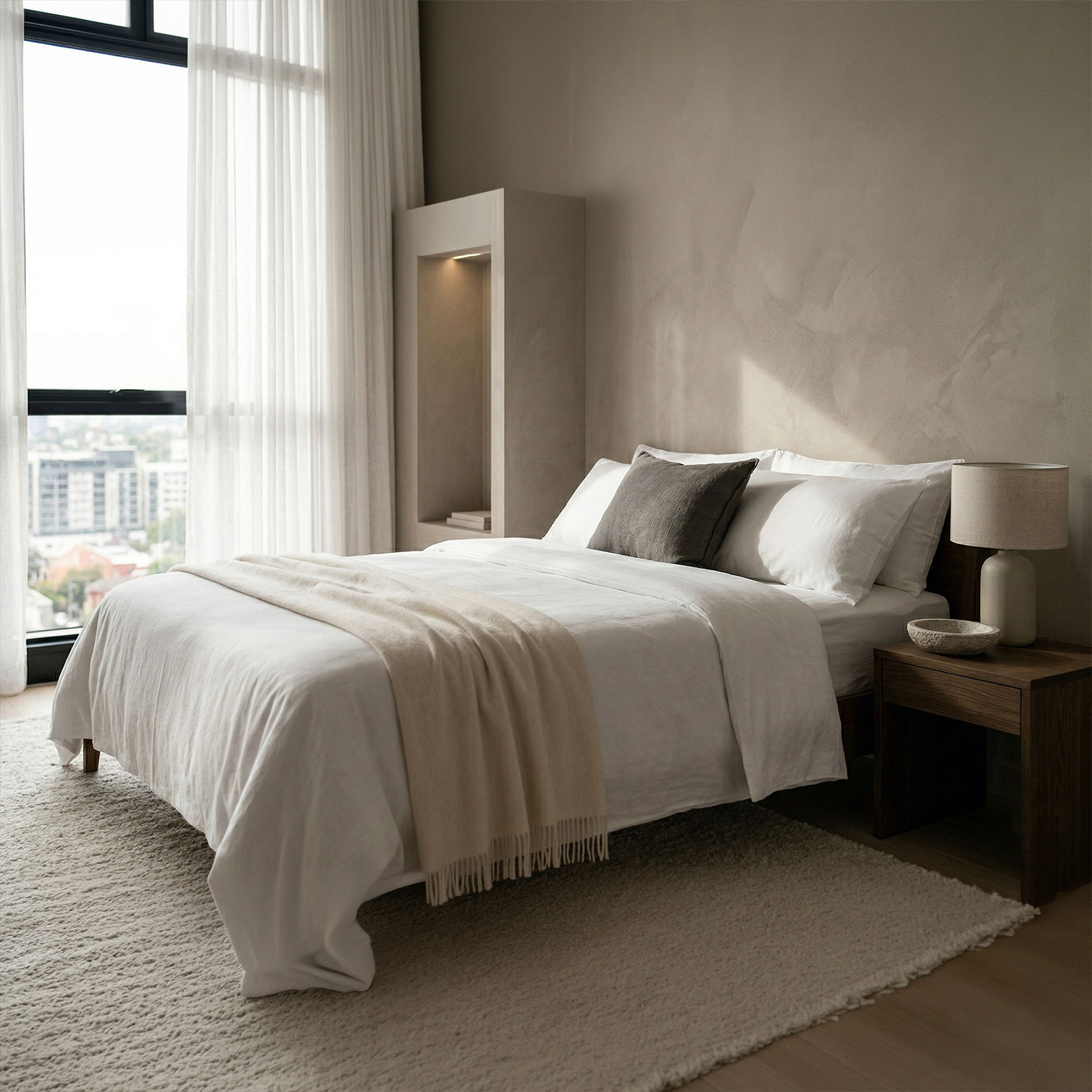 Minimalist bedroom with a bed dressed in white linens, a beige throw, a gray pillow, a wooden nightstand with a lamp, and sheer curtains letting in natural light.