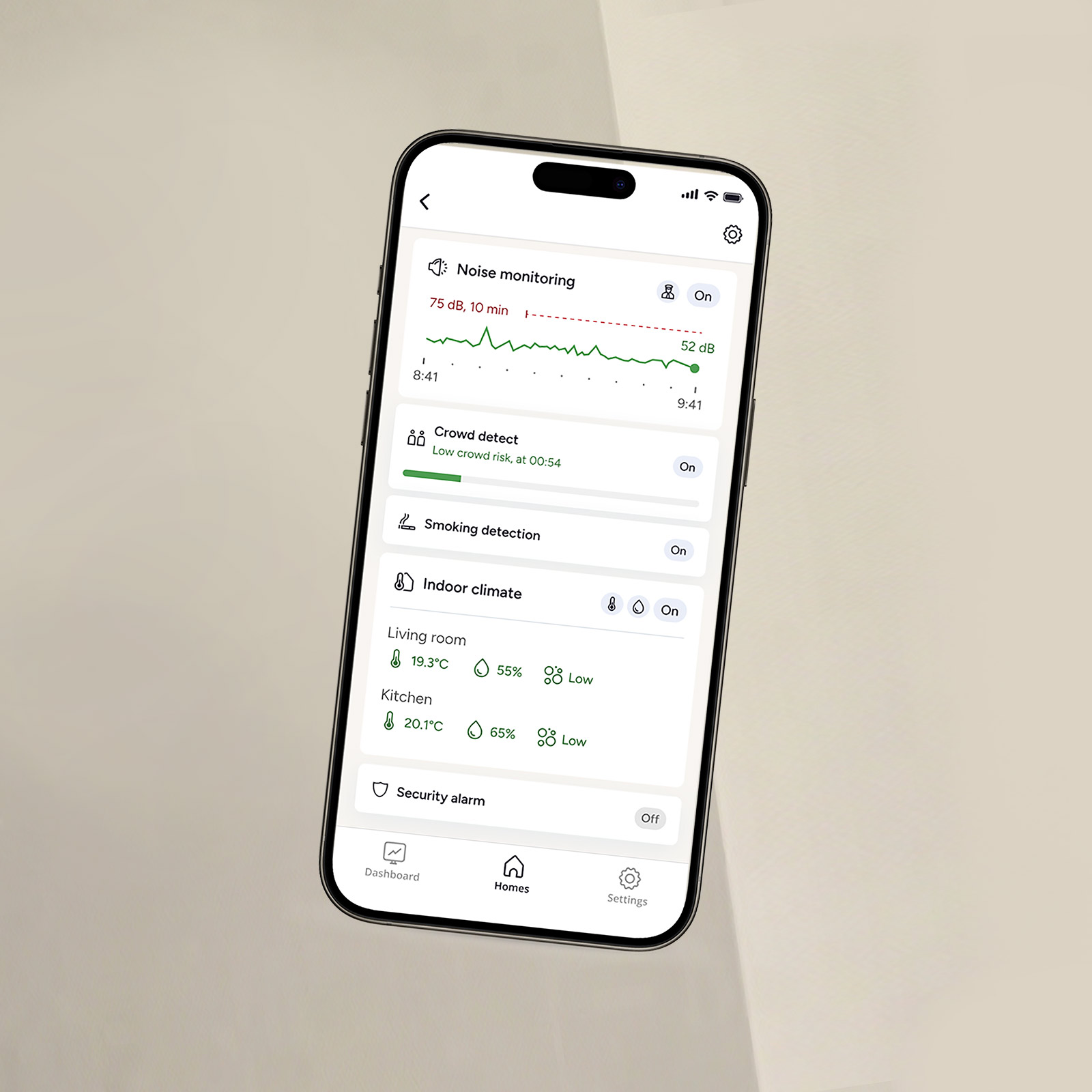 Smartphone screen showing home monitoring app with privacy safe noise monitoring, crowd detect, smoking detection, indoor climate, and security alarm status.