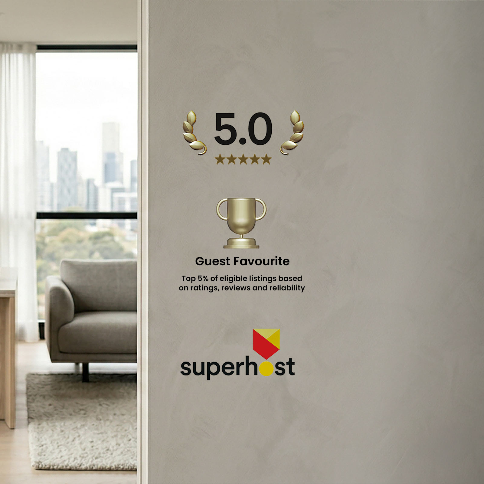 Award graphic showing a 5.0 rating with gold stars and trophy, labeled 'Guest Favourite' for the top 5% of eligible listings on Superhost.