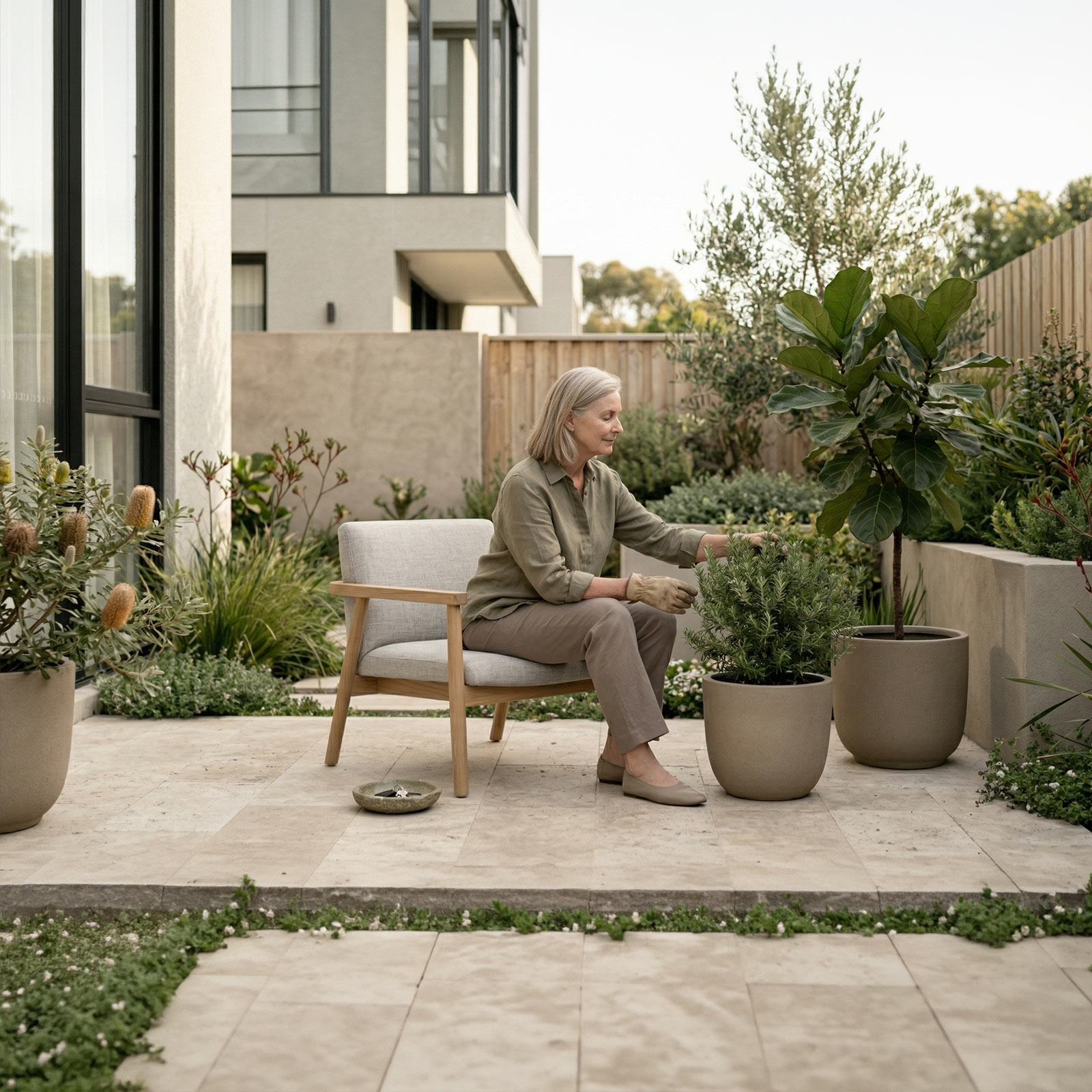 Woman sitting on a chair in a garden patio tending to potted plants.