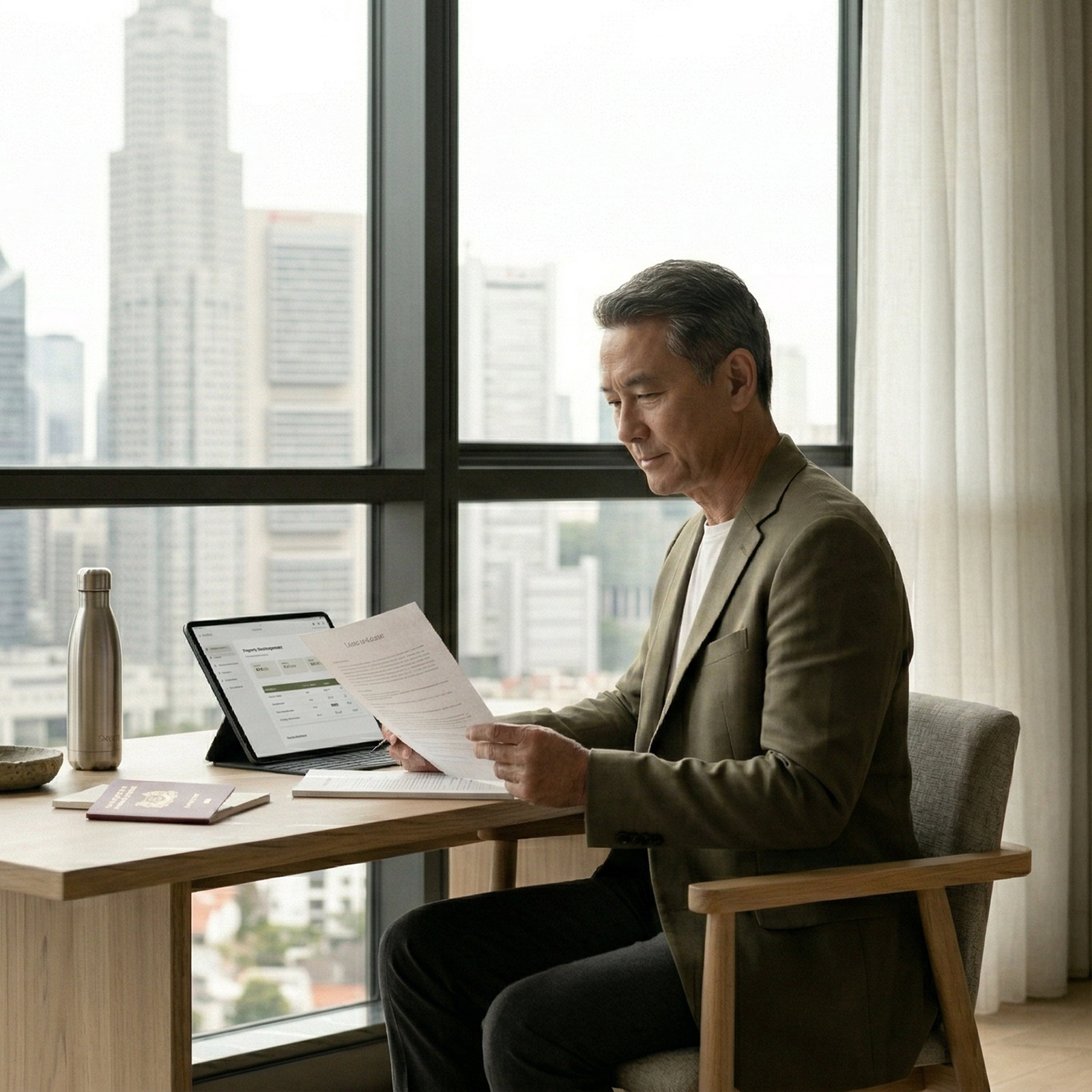 Man in a blazer sitting at a desk by a large window, reviewing documents with a tablet and water bottle on the desk.