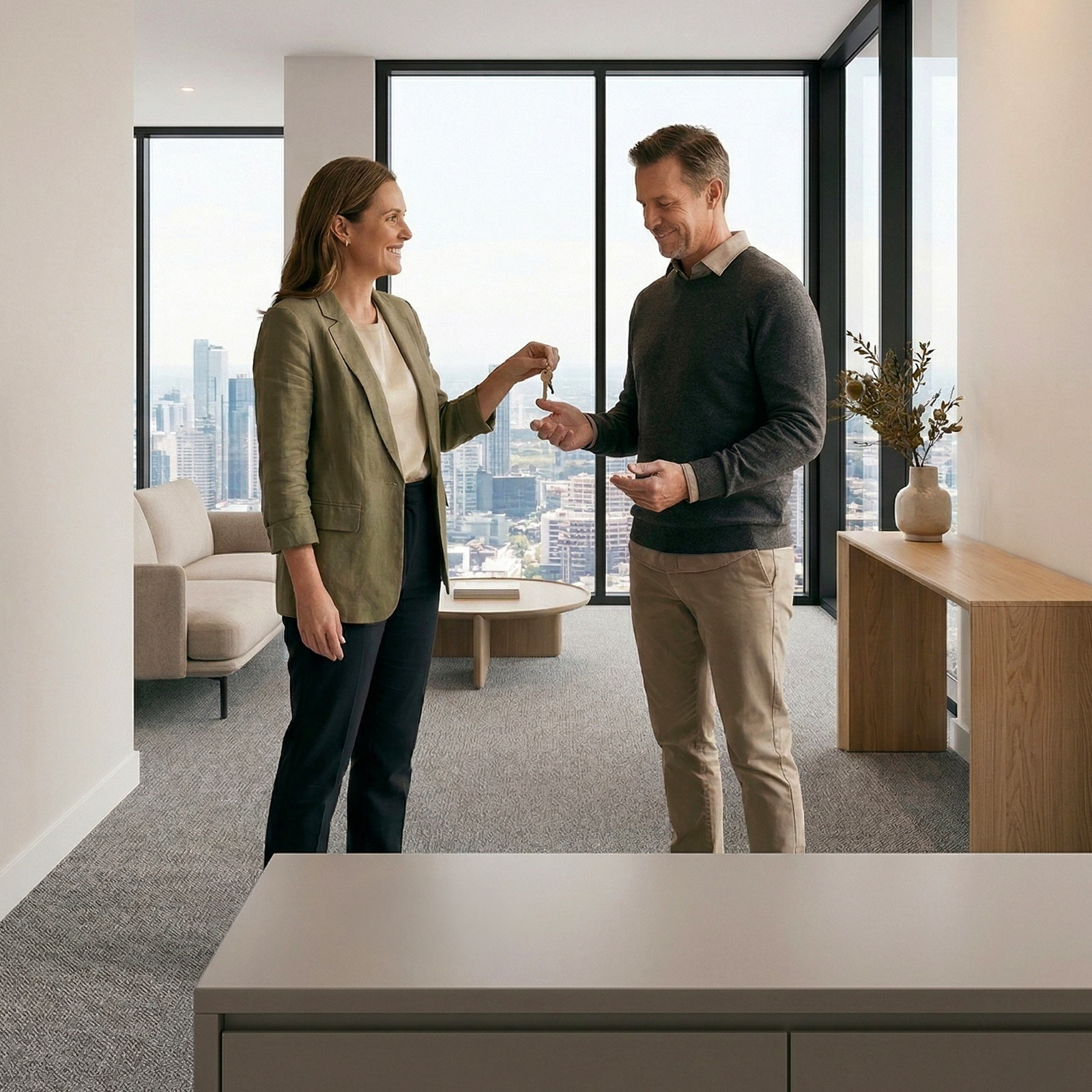 A woman handing over a set of keys to a man in a modern apartment with city skyline windows.