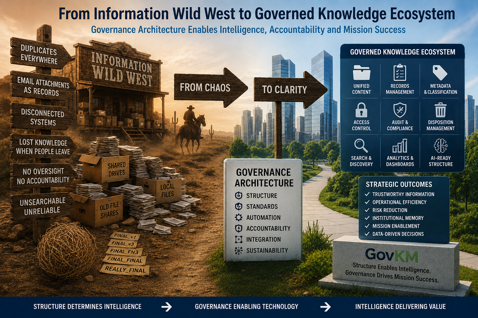 Government information progressing from unstructured repositories to governed knowledge architecture.