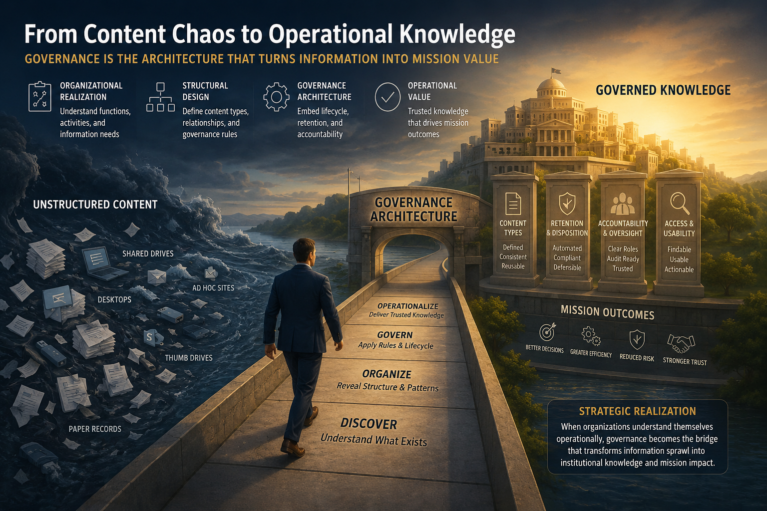 Governance architecture transforming unstructured information chaos into controlled records.