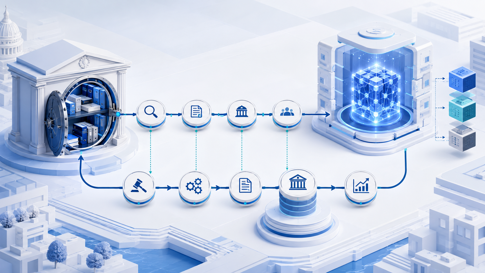Governed institutional records connected through evidence, authority, decisions, and reusable memory to a replaceable open-weight AI model.