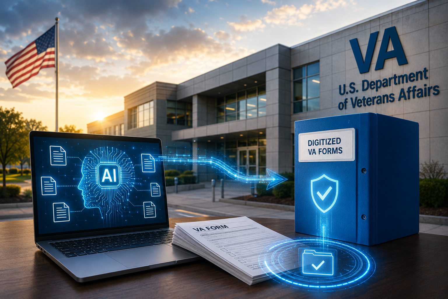 A U.S. Department of Veterans Affairs facility at sunset with an American flag, a laptop displaying an AI system processing documents, paper VA forms, and a secured digital records repository, representing AI-enabled modernization and the preservation of i