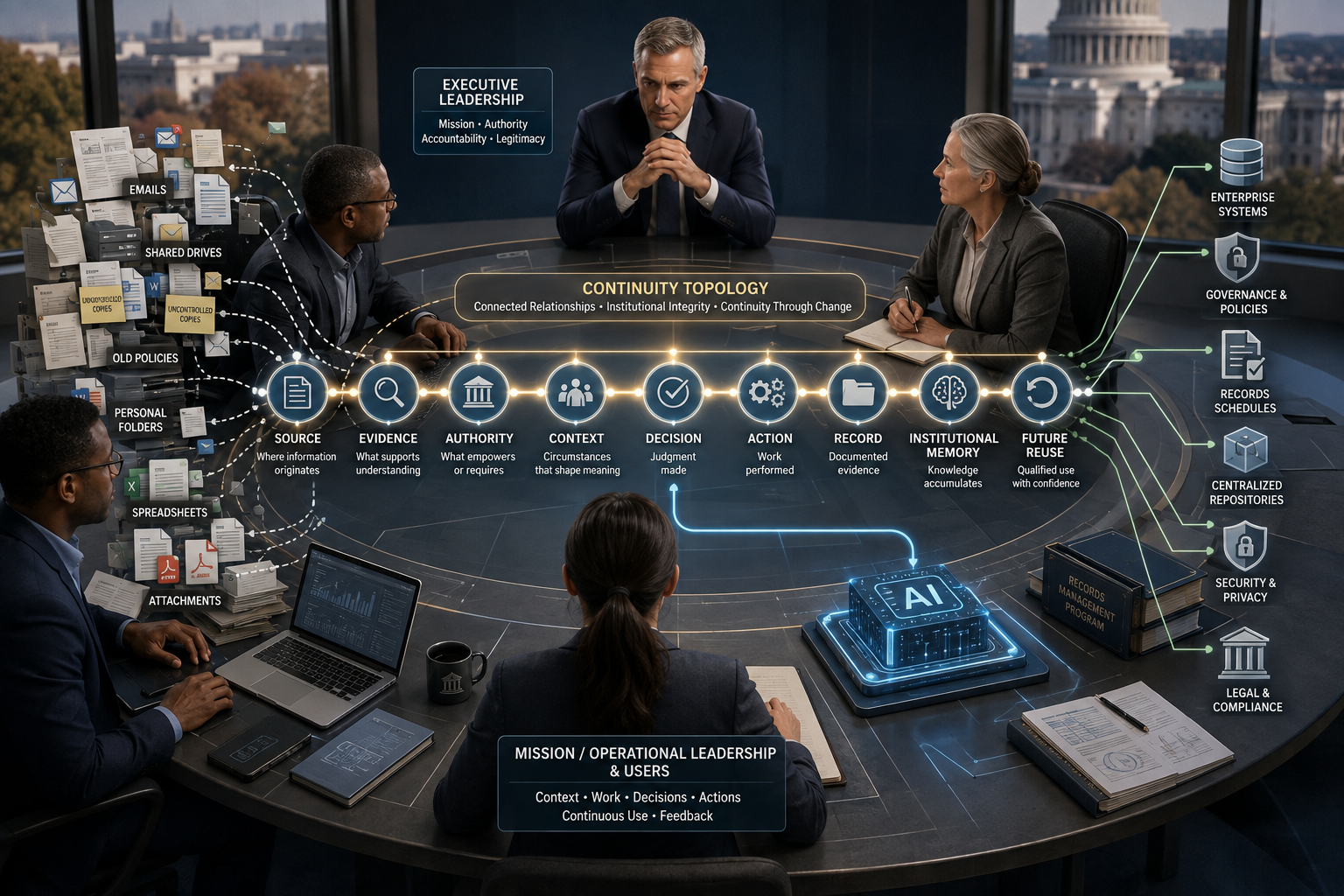 Government and organizational leaders surround a Continuity Topology showing Source, Evidence, Authority, Context, Decision, Action, Record, Institutional Memory, and Future Reuse. Disconnected emails, shared drives, policies, personal folders, spreadsheet
