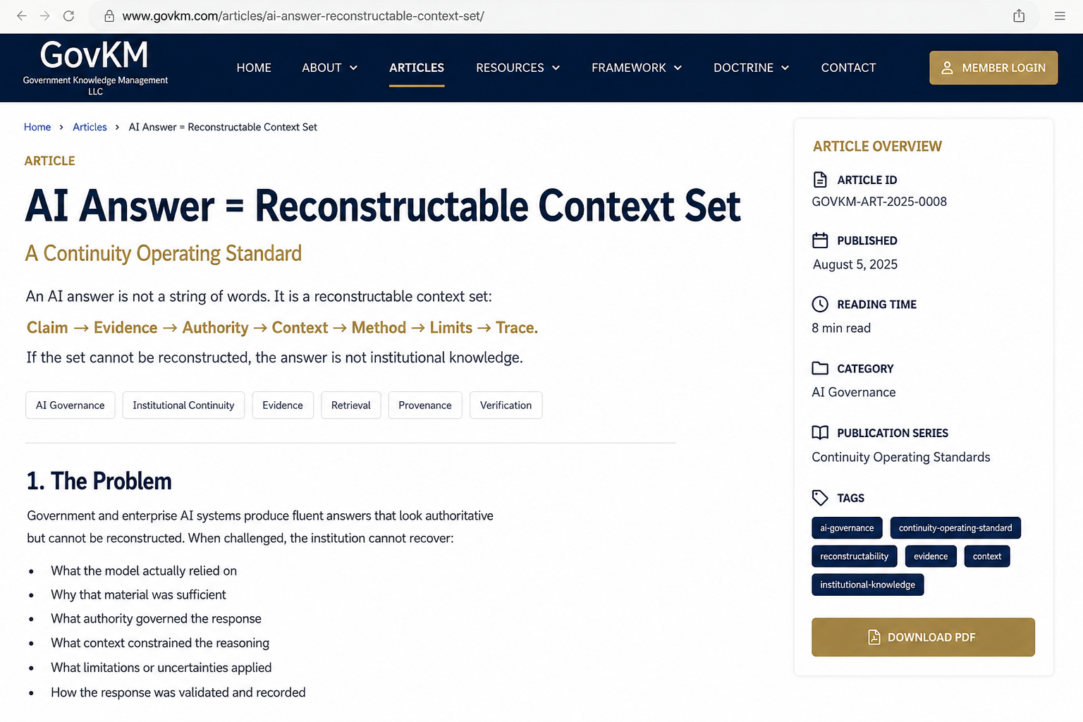 GovKM article page titled “AI Answer = Reconstructable Context Set,” presenting a continuity operating standard that connects claims to evidence, authority, context, methods, limits, and traceability, with article metadata and institutional continuity tags