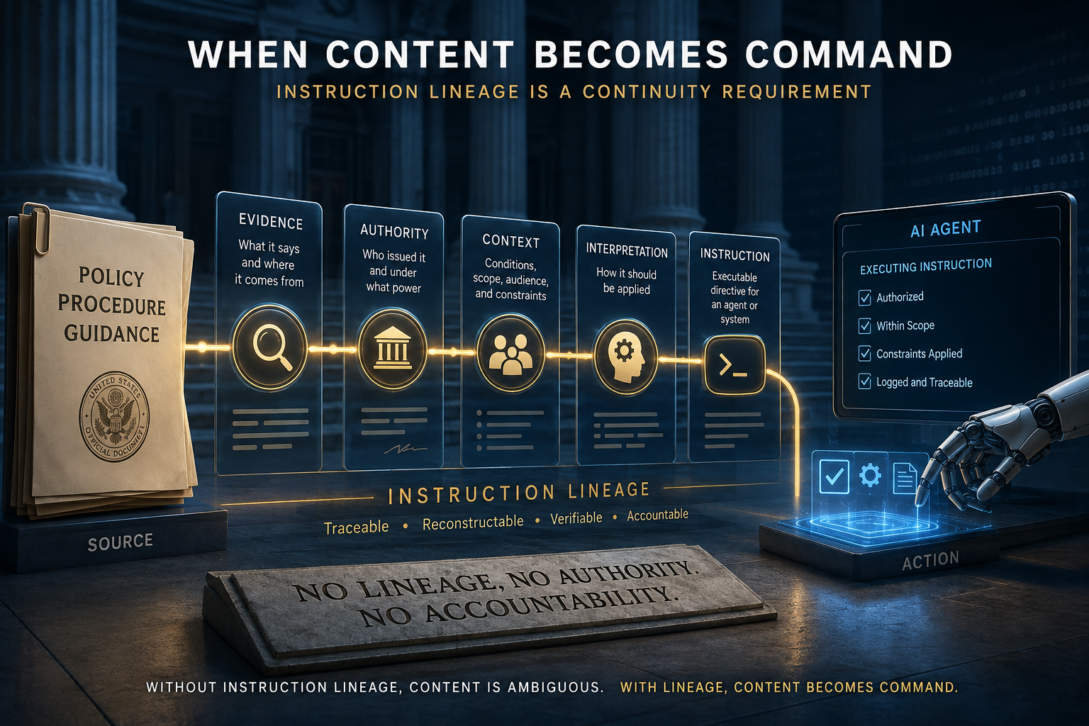 Conceptual illustration of instruction lineage showing policy, procedure, and guidance flowing through evidence, authority, context, interpretation, and executable instruction to an authorized AI agent action, emphasizing traceability, reconstructability,