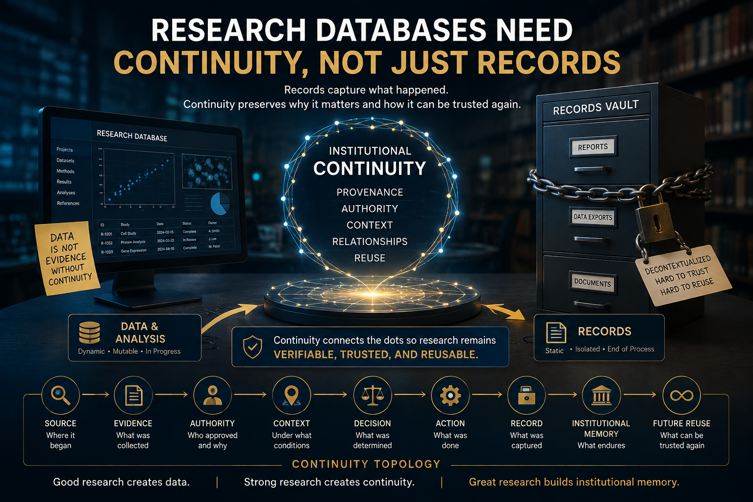 Concept illustration for “Research Databases Need Continuity, Not Just Records,” contrasting an active research database with an isolated records vault. Institutional Continuity connects provenance, authority, context, relationships, and reuse across the C