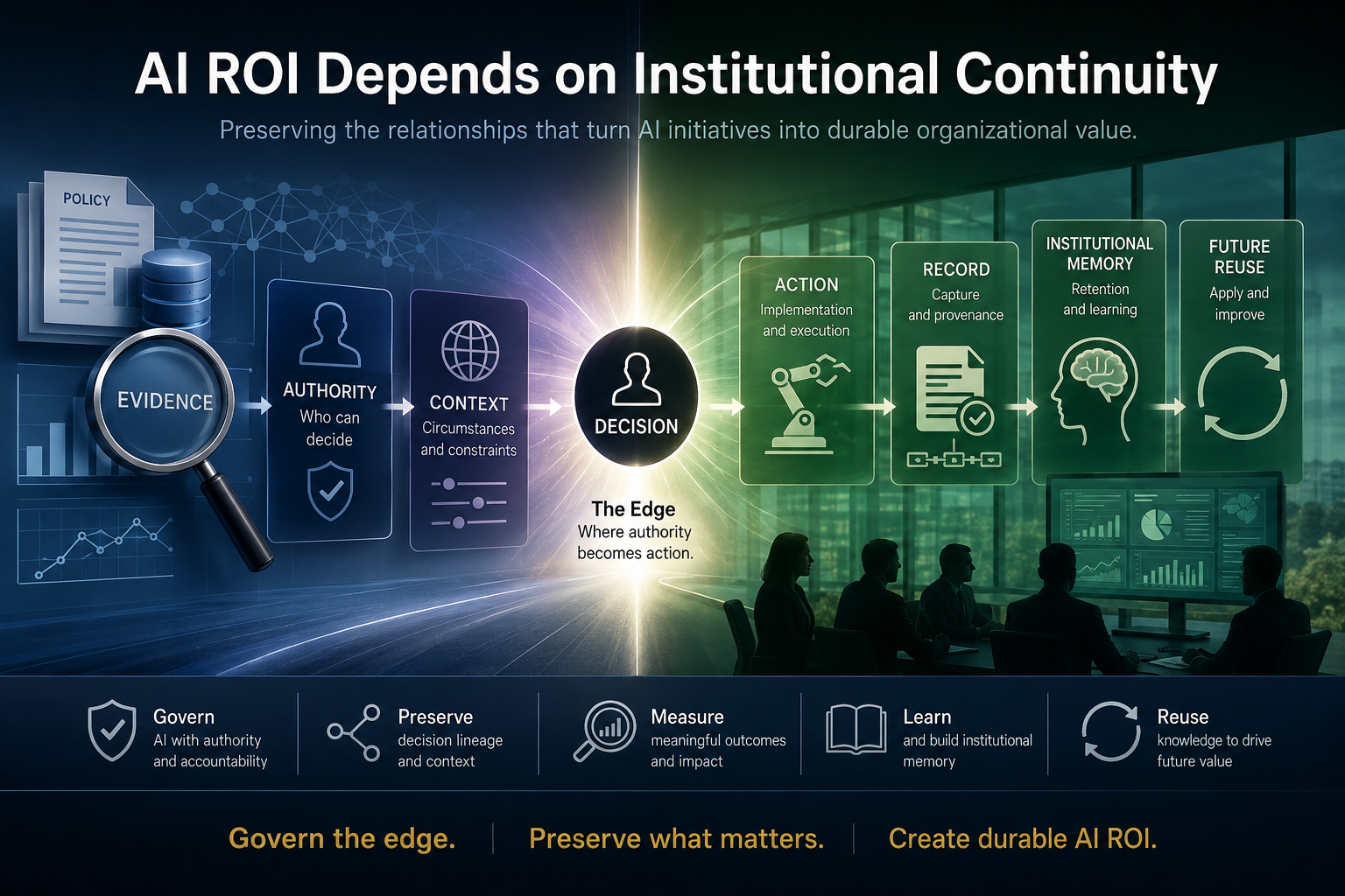 AI continuity illustration showing evidence, authority, context, decisions, actions, records, and institutional learning connected so AI investments can produce durable organizational value.