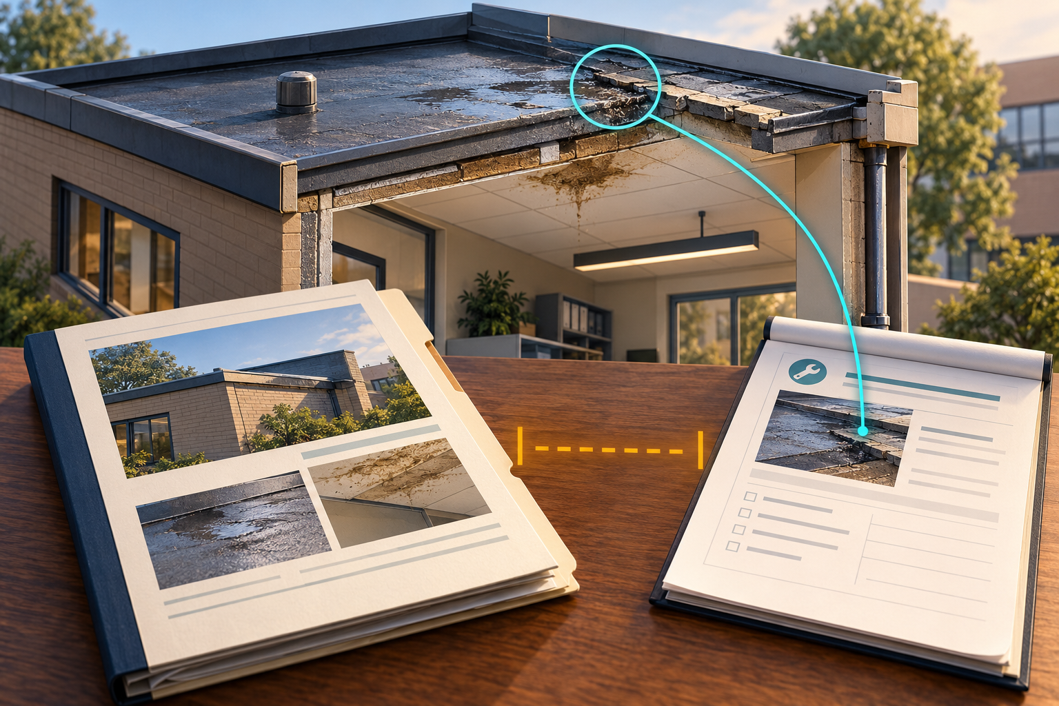 An office annex roof defect connects to an open work order, while a gap separates the repair record from the building survey.