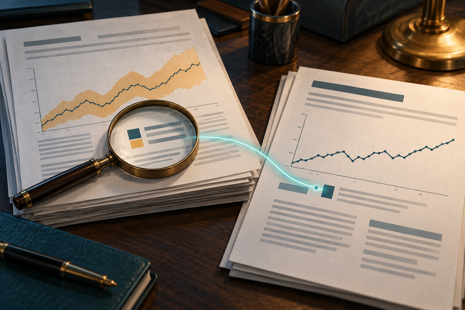An assessment’s shaded uncertainty note is missing from a briefing page, with a visual thread reconnecting the qualification.