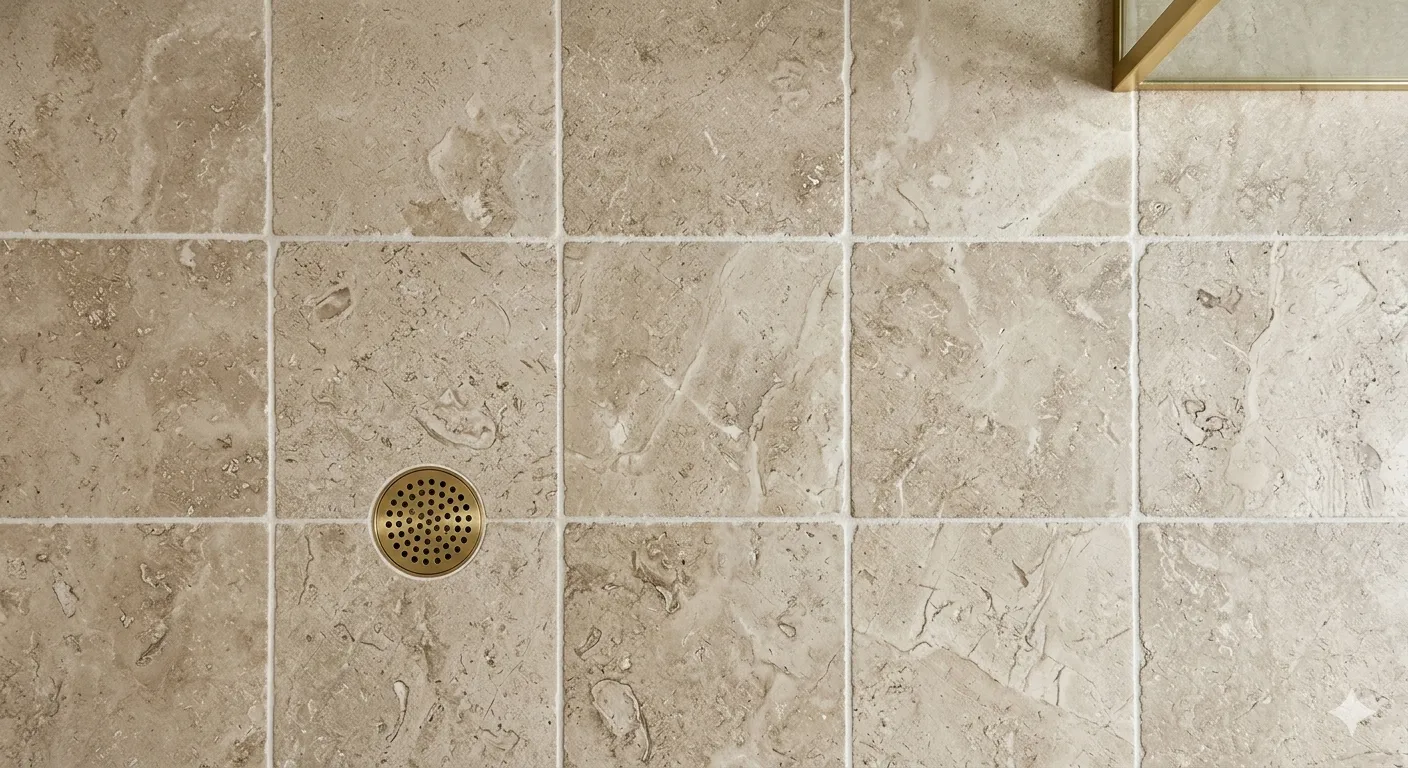 Närbild på ett beige klinkergolv i natursten med en rund golvbrunn i mässing och hörnet av en duschvägg i glas.