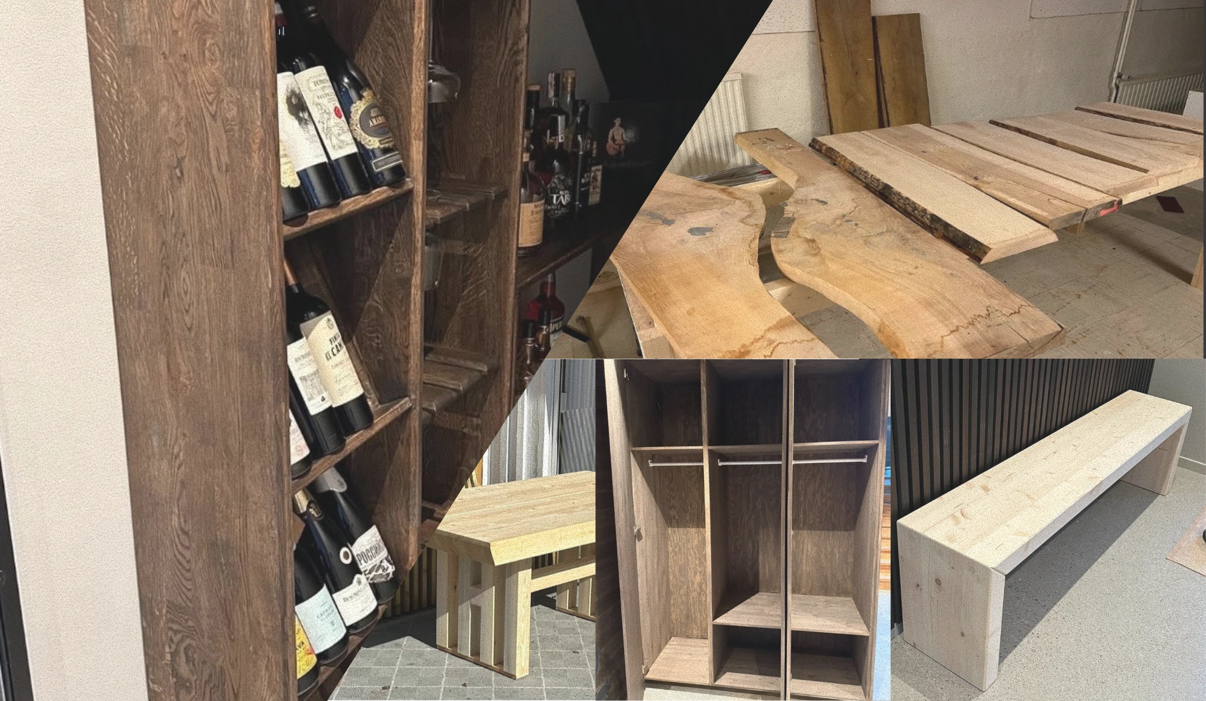 Kollage av snickerier i form av bänkar, bord, vinhyllor och garderob.