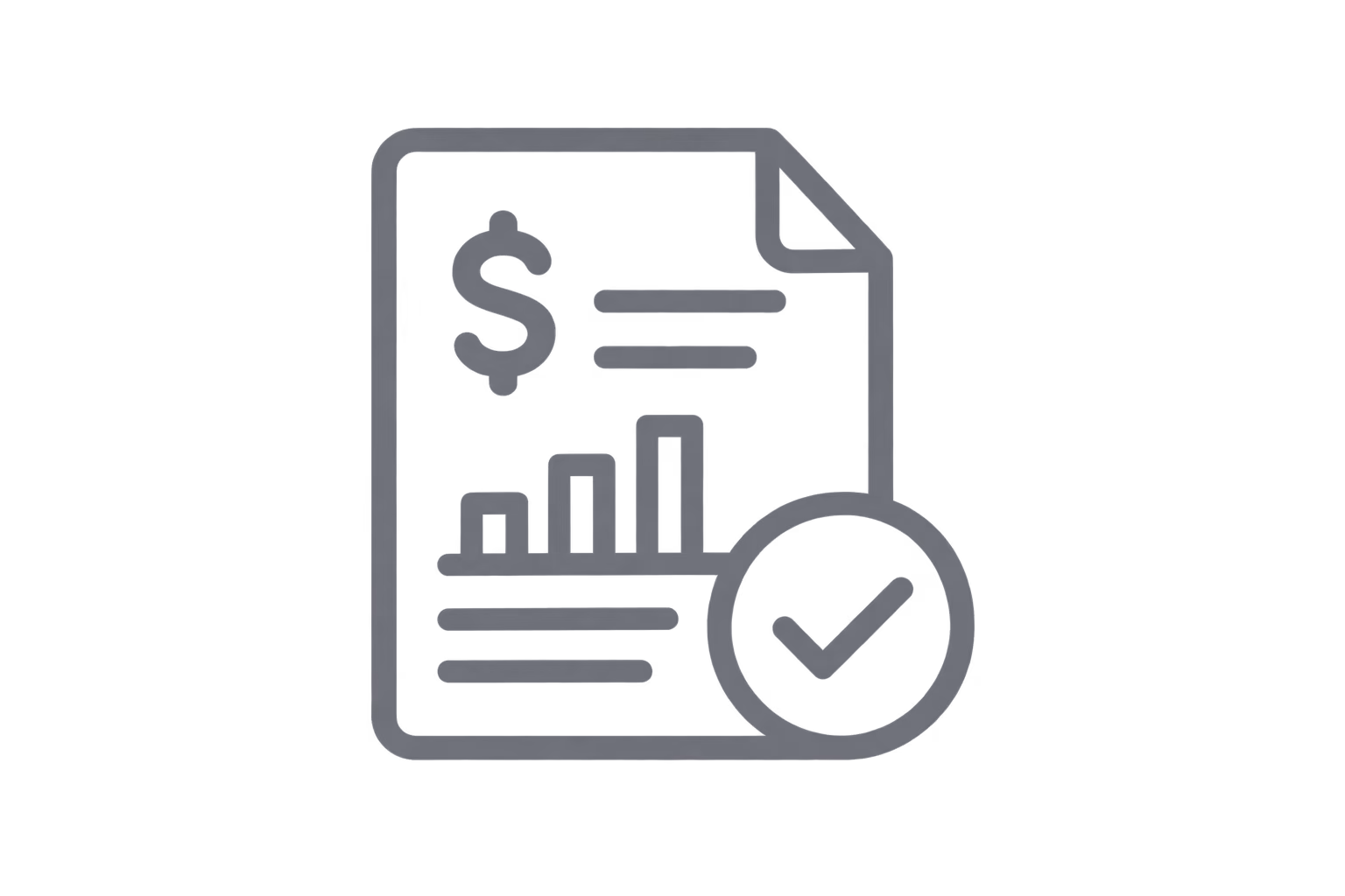 Icon of a financial report with a dollar sign, bar chart, lines representing text, and a checkmark in a circle indicating verification.