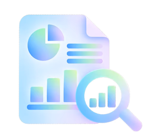 Icon of a pastel-colored document showing a pie chart and bar graph with a magnifying glass focusing on a rising bar graph segment.
