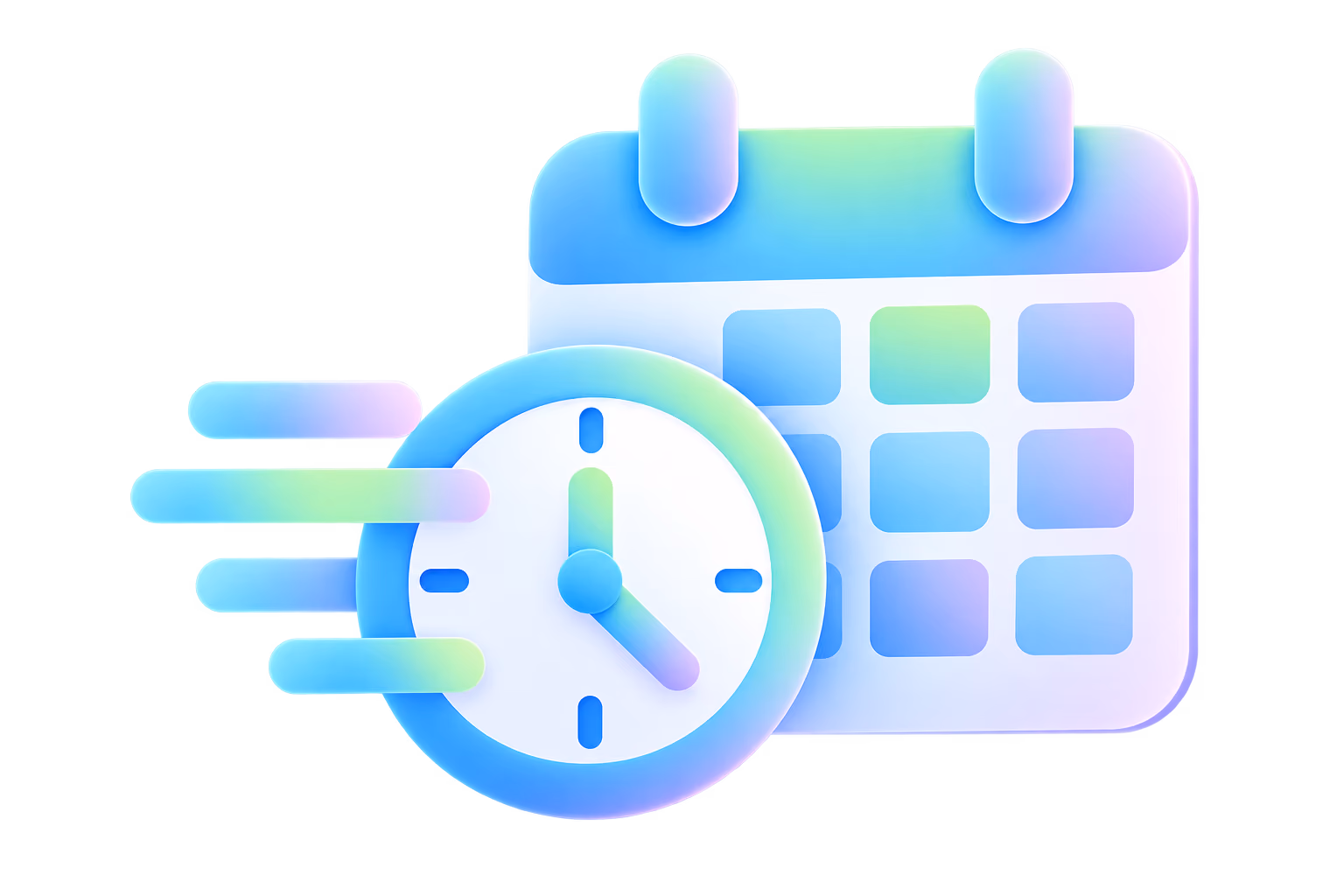 Colorful pastel icon depicting a calendar with a clock in front, the clock showing motion lines to indicate fast scheduling or quick time management.
