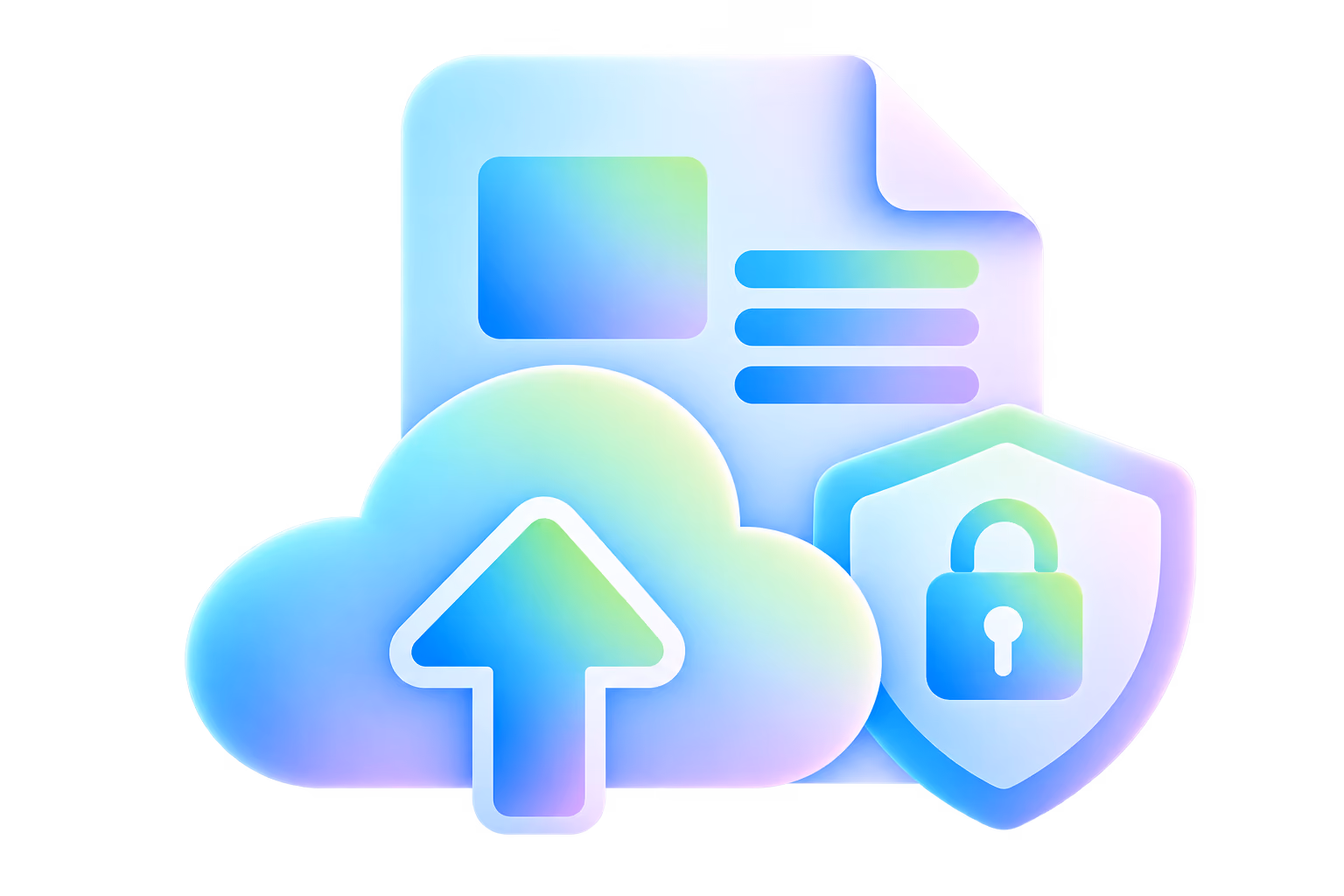 Icon showing a document, a cloud with an upward arrow, and a shield with a lock representing secure cloud upload and data protection.