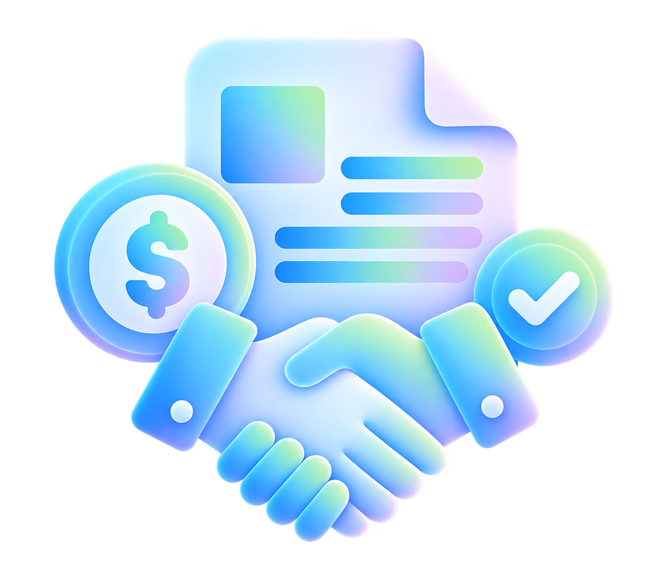 Iridescent blue-green icon of a handshake in front of a document, flanked by a dollar sign coin on the left and a checkmark coin on the right.