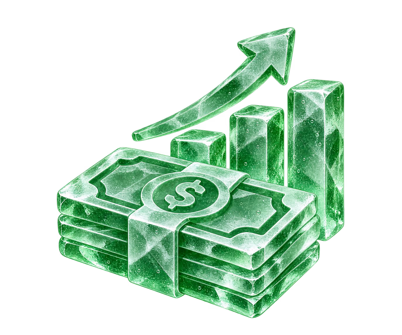 Stack of green crystal-like dollar bills in front of ascending bar chart with upward arrow, symbolizing financial growth or increasing wealth.