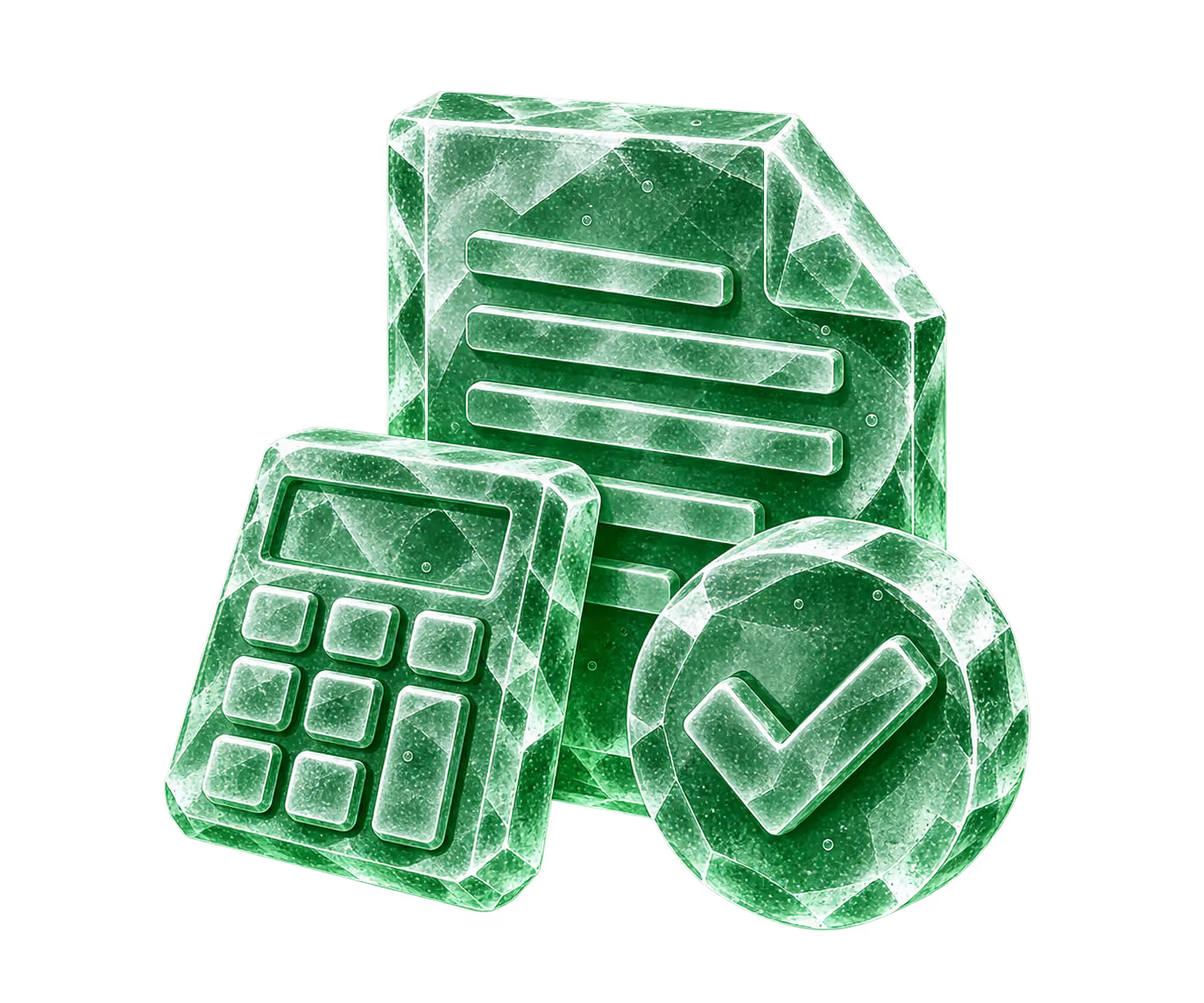 Green crystalline icons of a calculator, a document with lines, and a circle with a checkmark symbolizing finance or accounting.