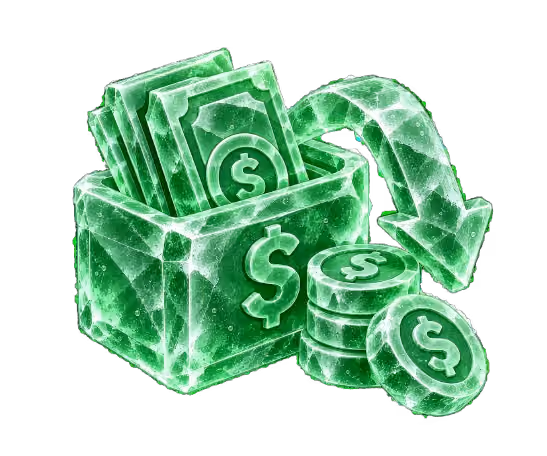 A translucent green ice block containing dollar bills next to green ice coins with dollar signs and a curved arrow pointing downwards.