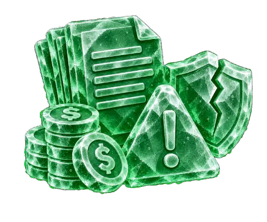 Green crystal-style icons representing finance concepts including stacked coins with dollar signs, documents, a warning triangle with an exclamation mark, and a broken shield.