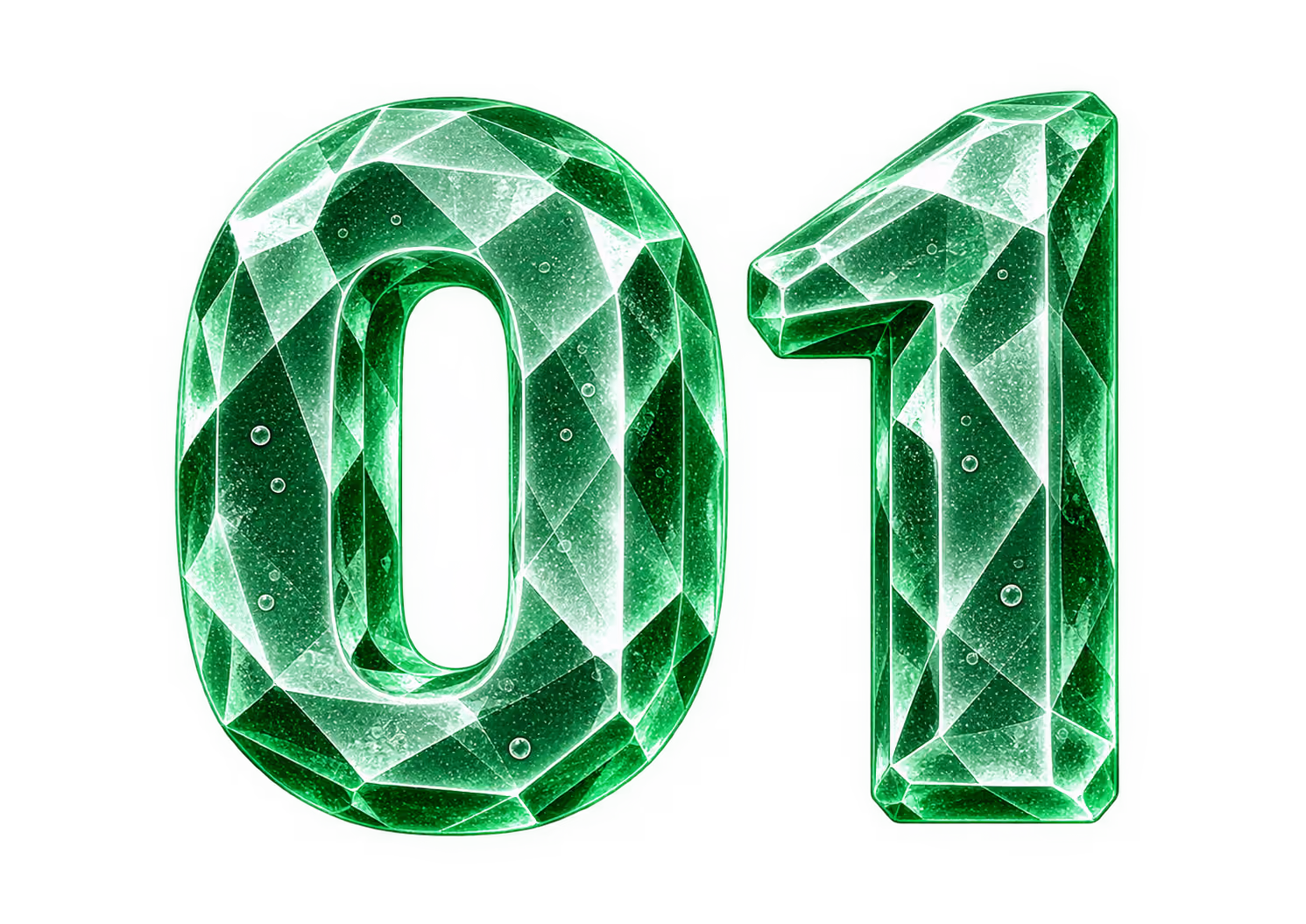The number 01 rendered as a faceted crystalline emerald with a bright green translucent texture and small bubbles inside, set against a black background.