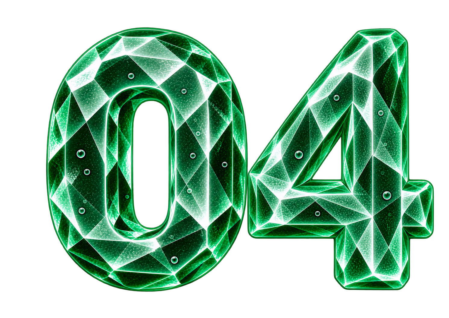 The number 04 designed as a green emerald crystal with faceted surfaces and small bubbles inside.