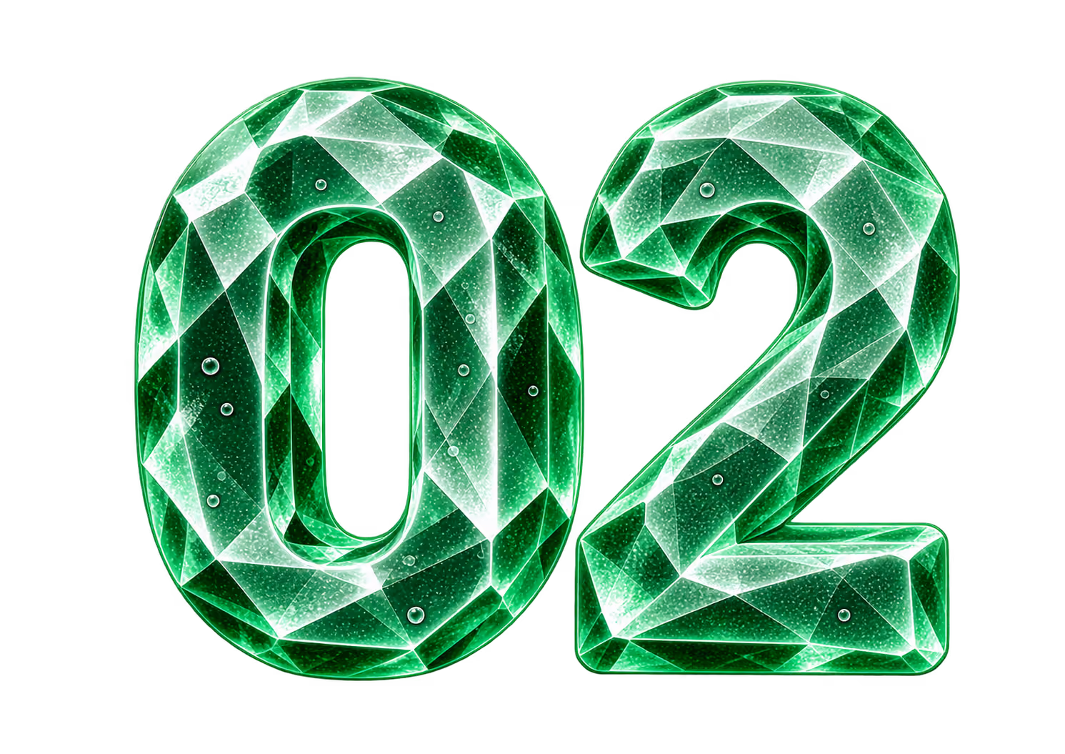 The number 02 designed as a faceted green emerald crystal with light reflections and small bubbles inside, on a transparent background.