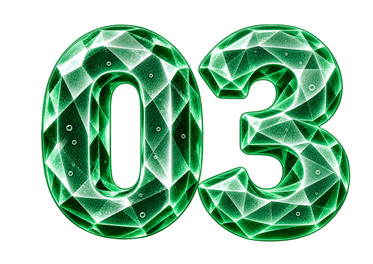 Digits 0 and 3 designed to look like faceted emerald crystals with a glowing green and white pattern.