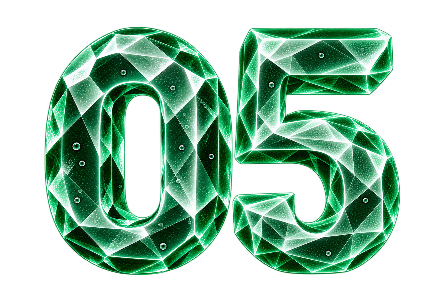 Three-dimensional number 05 made of faceted emerald-like crystal with glowing green edges and internal bubbles.