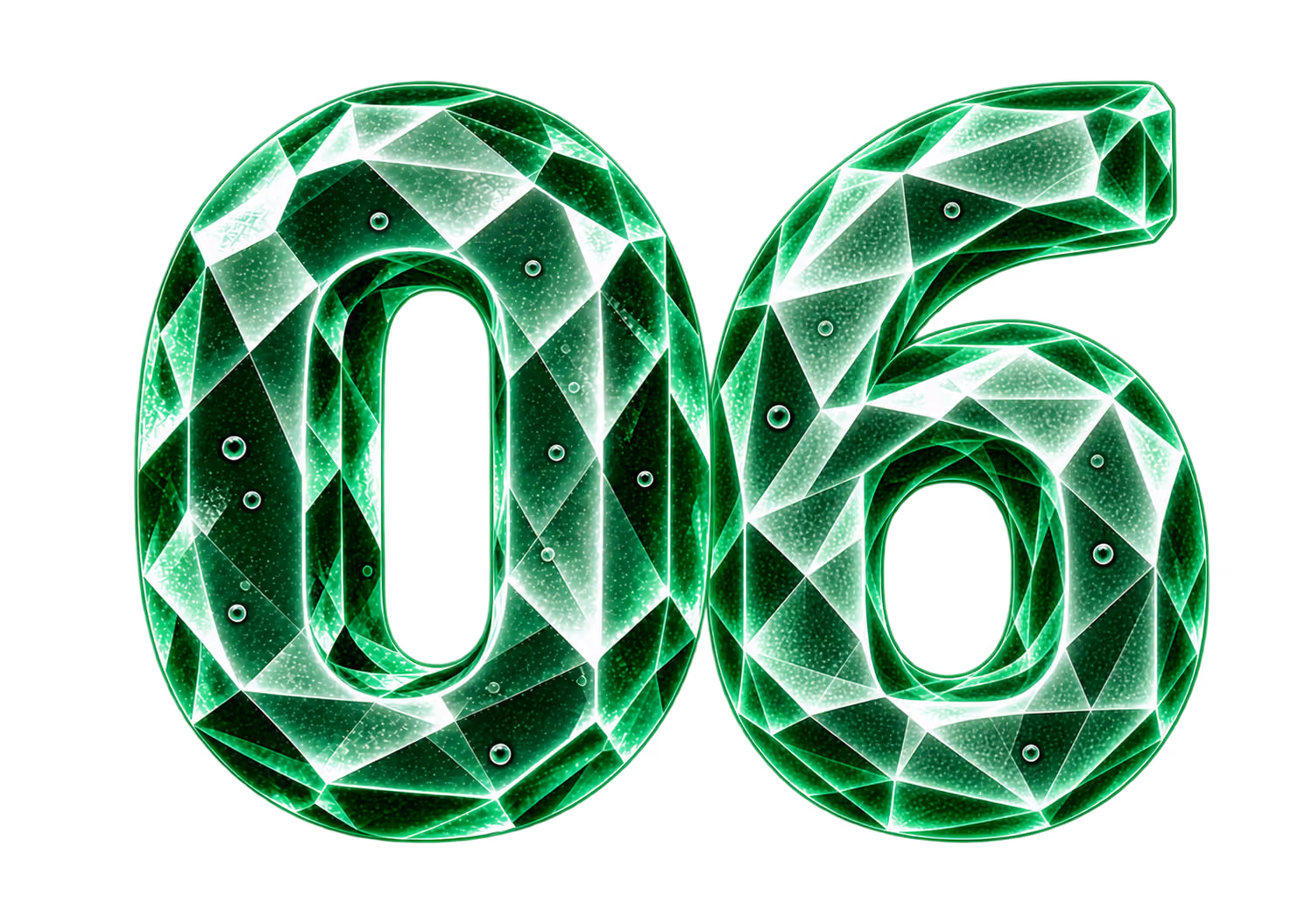 Number 06 styled as a glowing emerald green crystal with geometric facets and small bubbles inside.