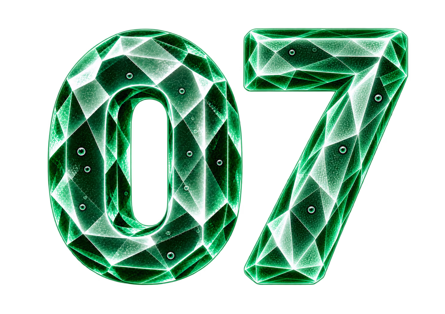 Transparent green crystal-like number 07 with geometric facets and small bubbles inside on a black background.