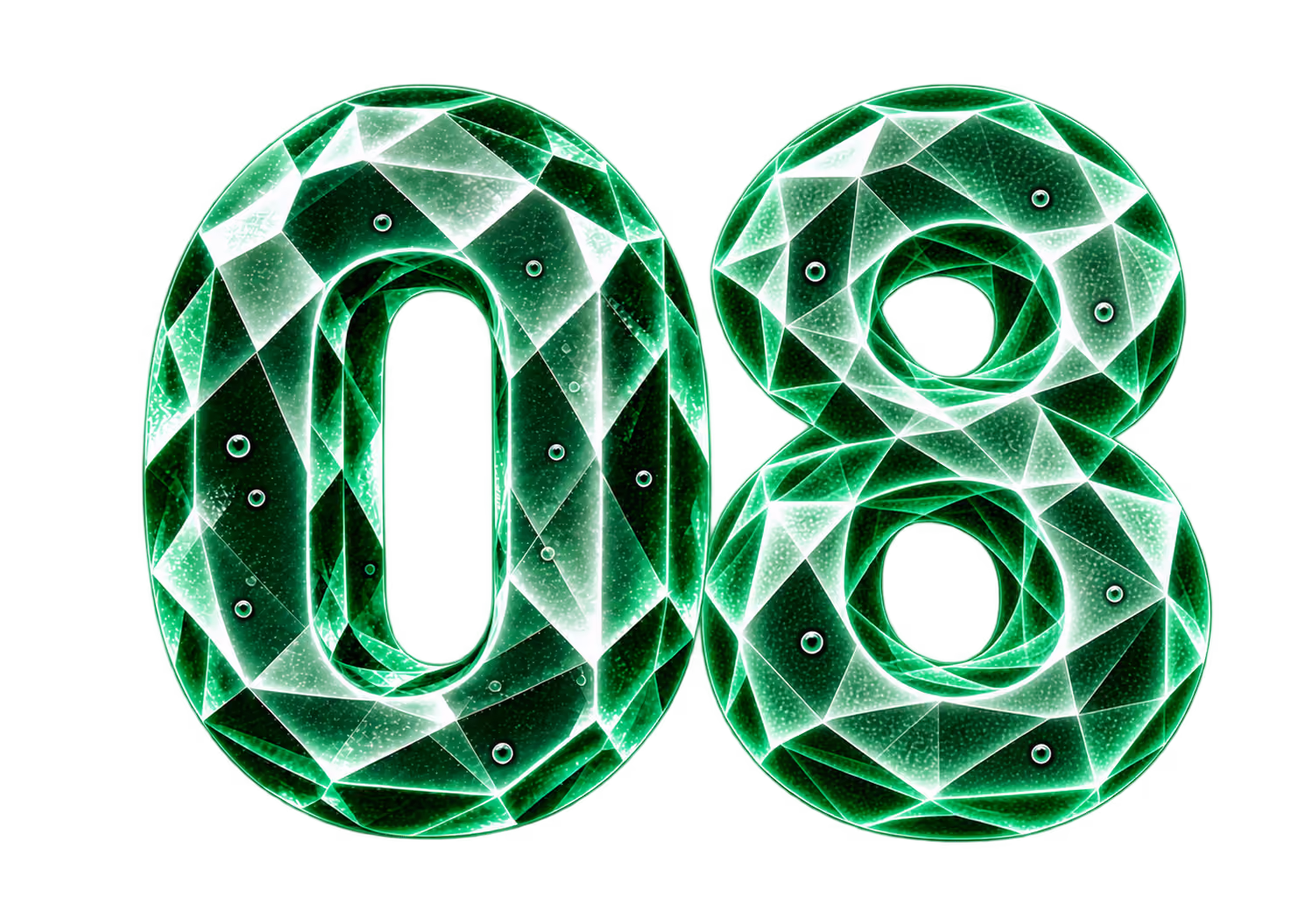Green neon digital number 08 with a faceted, gem-like design and small circular bubbles inside.