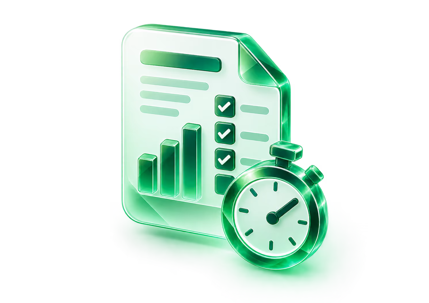 Glossy green translucent icon depicting a report sheet with bar charts and checkmarks alongside a stopwatch showing 10 seconds.